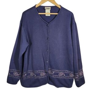 Vintage Y2K 90s Grandmacore Cottagecore Navy Blue Cardigan Jacket Embroidered L